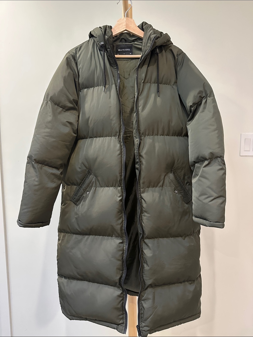 Brave Soul Olive Green Hooded Long Puffer Coat